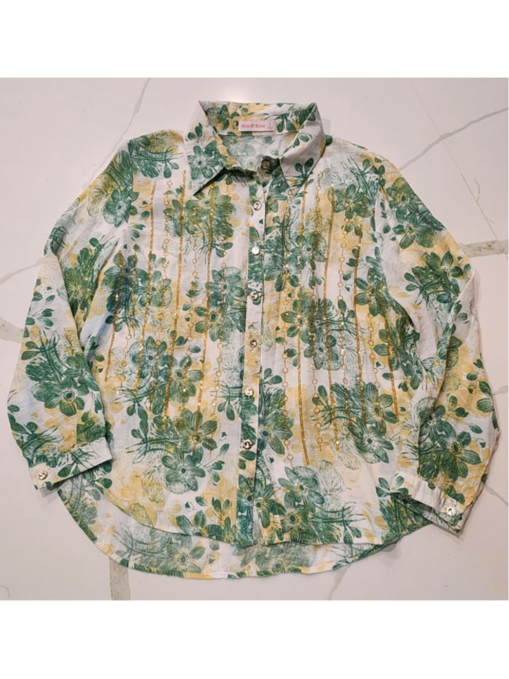 Ana & Rose Green Floral Button Down Shirt Women's L Gold Embellished Blouse - Picture 8 of 13
